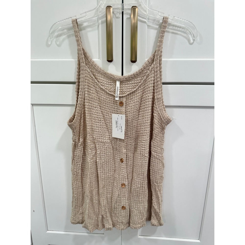 Mitto Shop Womens XL Oatmeal  Waffle Button Front Tank Top